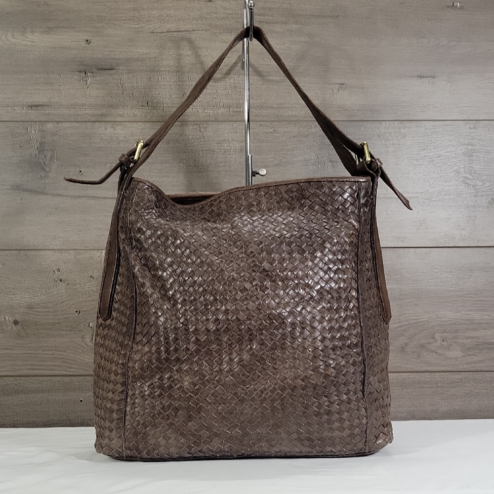Large Valentina Brown Woven Leather Shoulder Bag